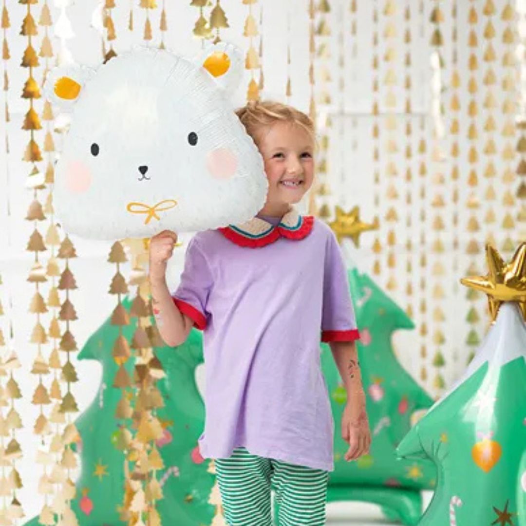 Globo Metálico Oso Polar 51x45 cm - Blanco con Detalles Dorados