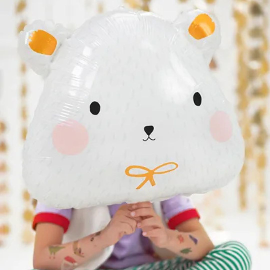 Globo Metálico Oso Polar 51x45 cm - Blanco con Detalles Dorados