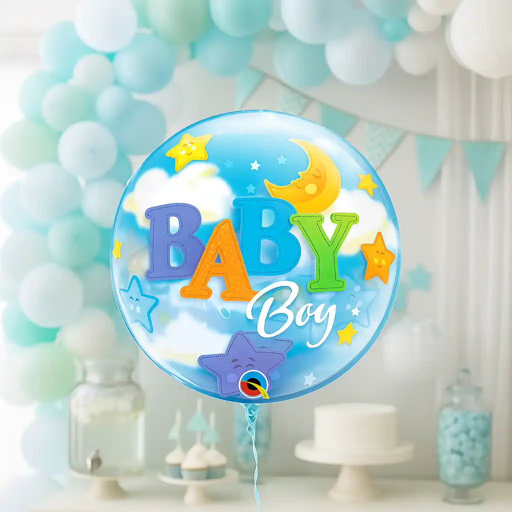 Globo Burbuja Baby Boy Luna y Estrellas – 56 cm Redondo