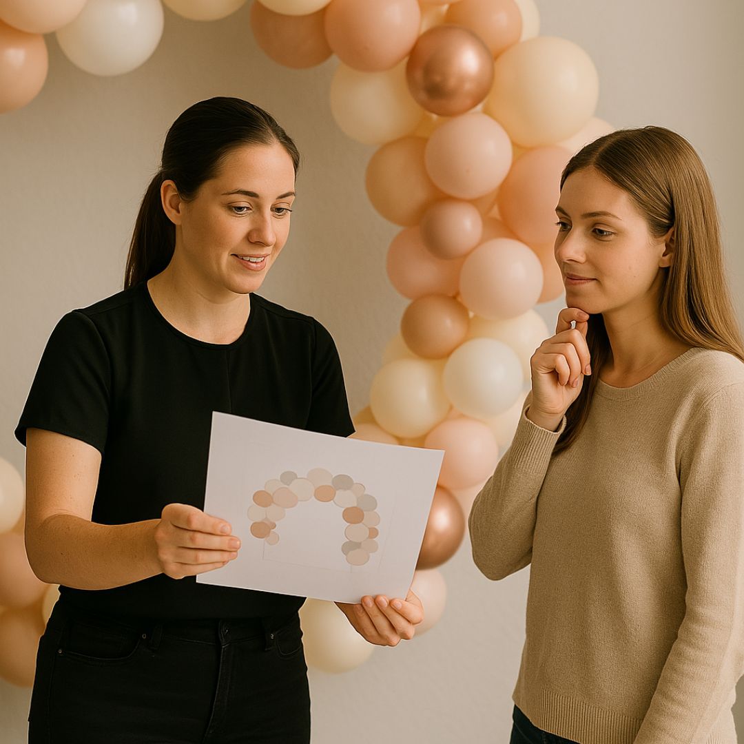 Mujer explicando una decoración con globos