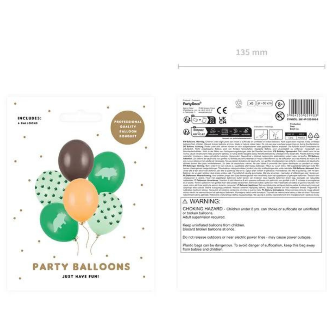 Pack de globos resistentes con diseño jurásico en colores vivos y pastel.