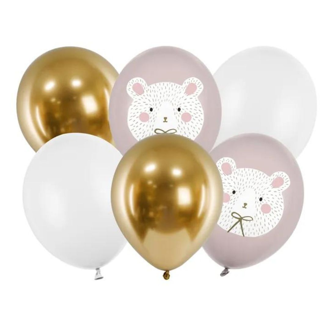 Pack de 6 globos biodegradables Oso Polar en gris, blanco y dorado