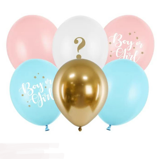 Pack x6 globos biodegradables Niño o Niña en rosa, azul y dorado