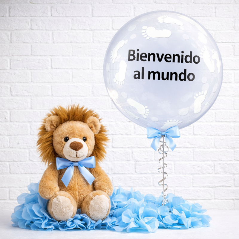 globo burbuja con leyenda bienvenido al mundo para bebes, con un peluche de leon al costado