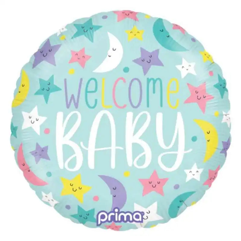 Globo foil redondo Welcome Baby con diseño de lunas y estrellas en azul de 46 cm para decoración de baby shower