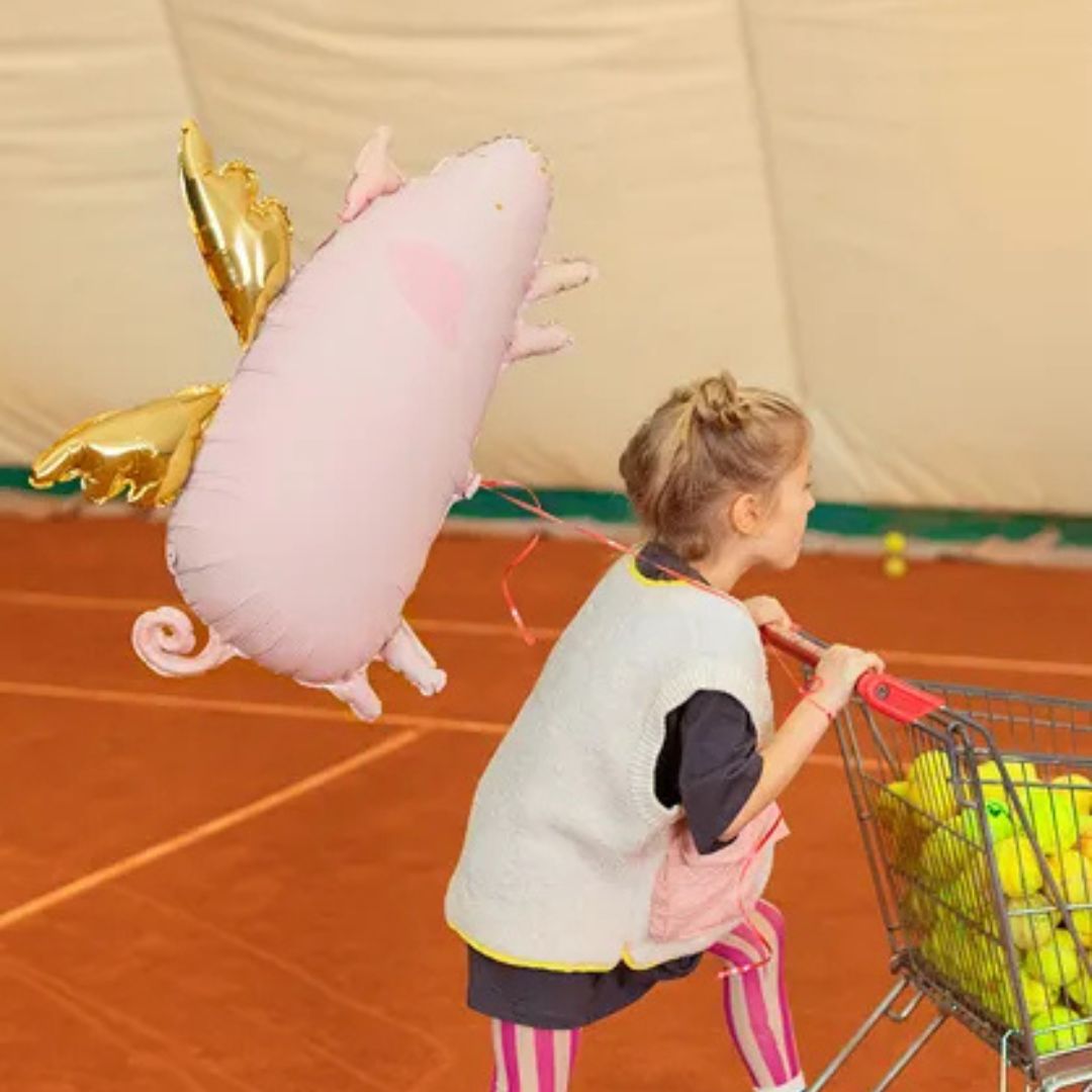 Globo Metálico Cerdito Rosa 70x45 cm - Detalles Dorados, Aire o Helio