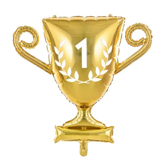 Globo Metálico Copa Dorada 64x61 cm - Brillante con Detalles en Blanco