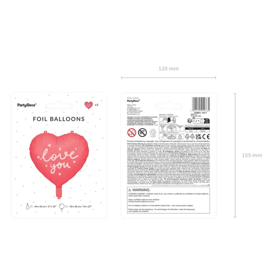 Globo Metálico Corazón I Love You 35 cm - Colores Mixtos, Aire o Helio