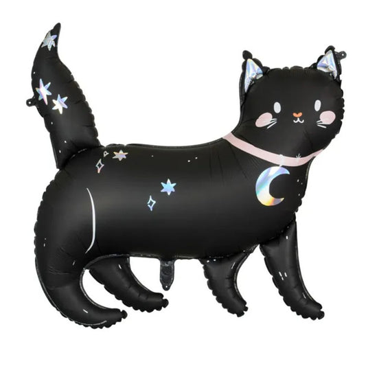 Globo Metálico Gato Negro 96x95 cm - Acabado Holográfico, Apto para Helio y Aire