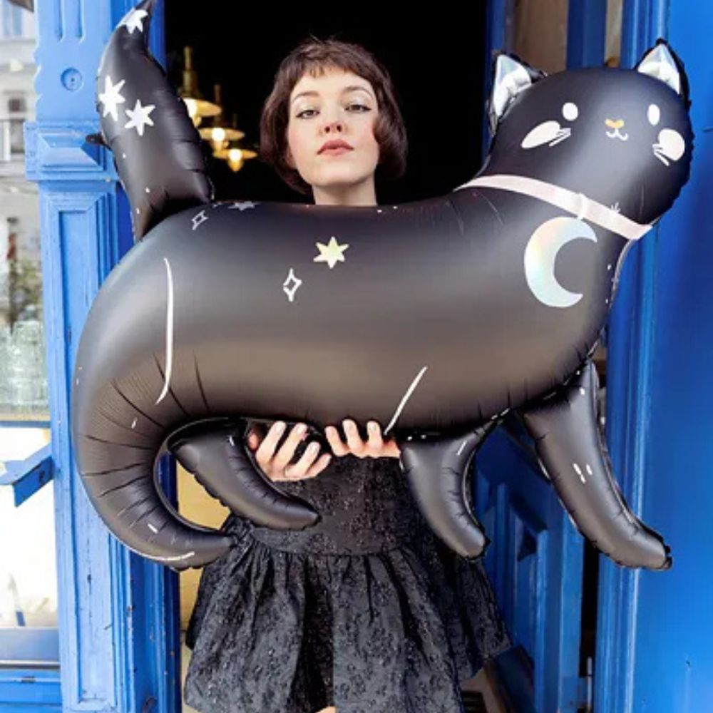 Black Cat Metallic Balloon 96x95 cm - Holographic Finish, Suitable for Helium and Air