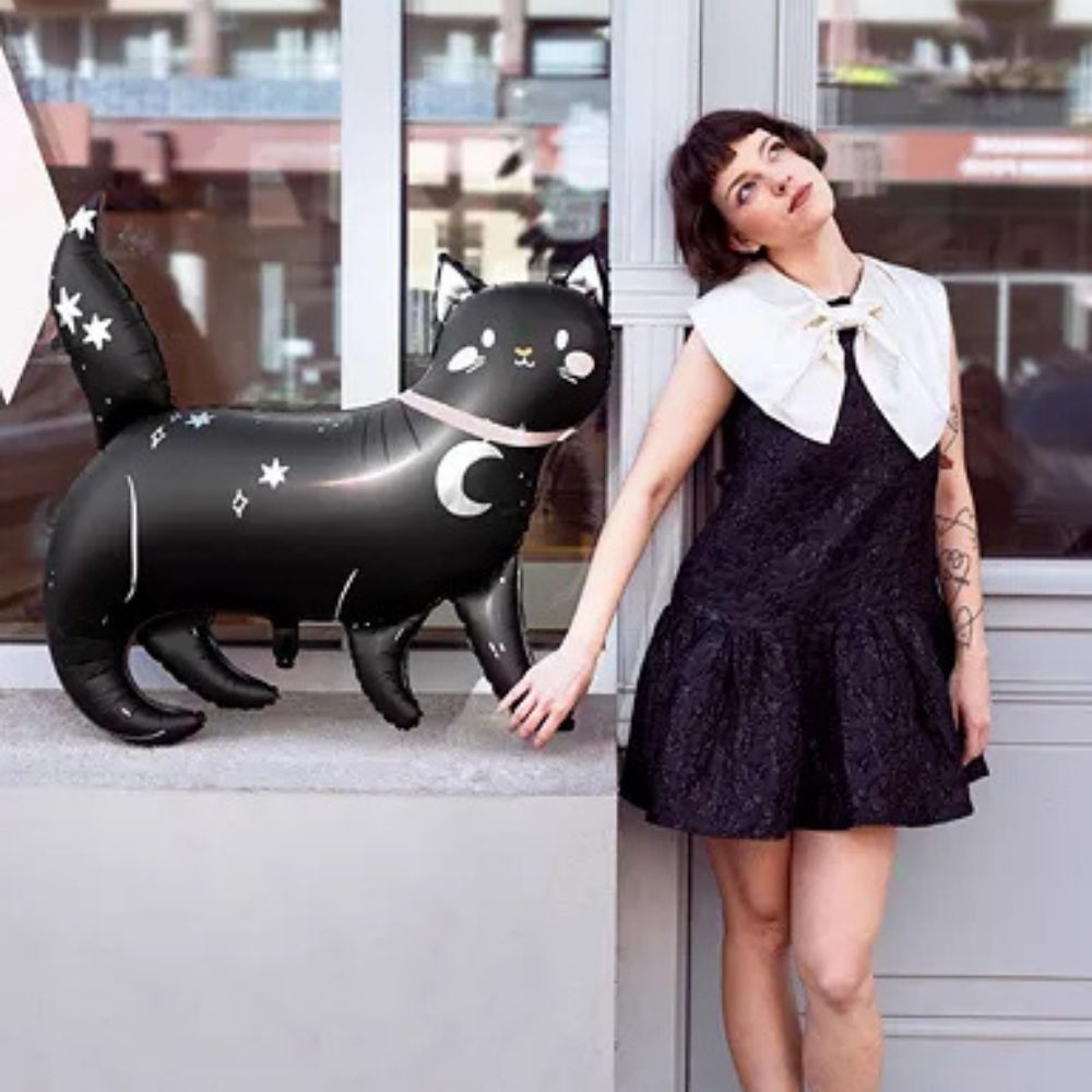 Black Cat Metallic Balloon 96x95 cm - Holographic Finish, Suitable for Helium and Air