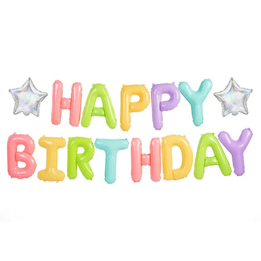 Happy Birthday Metallic Balloon 395x35 cm - Pastel Multicolor with Stars