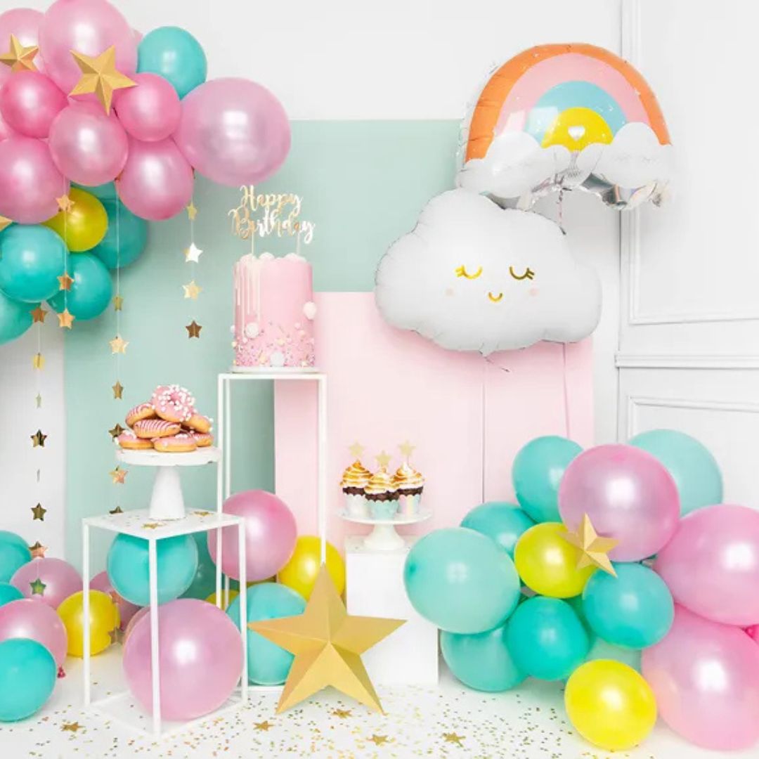 Globo Metálico Nube Blanca 51x35 cm - Rosa y Dorado, Acabado Mate