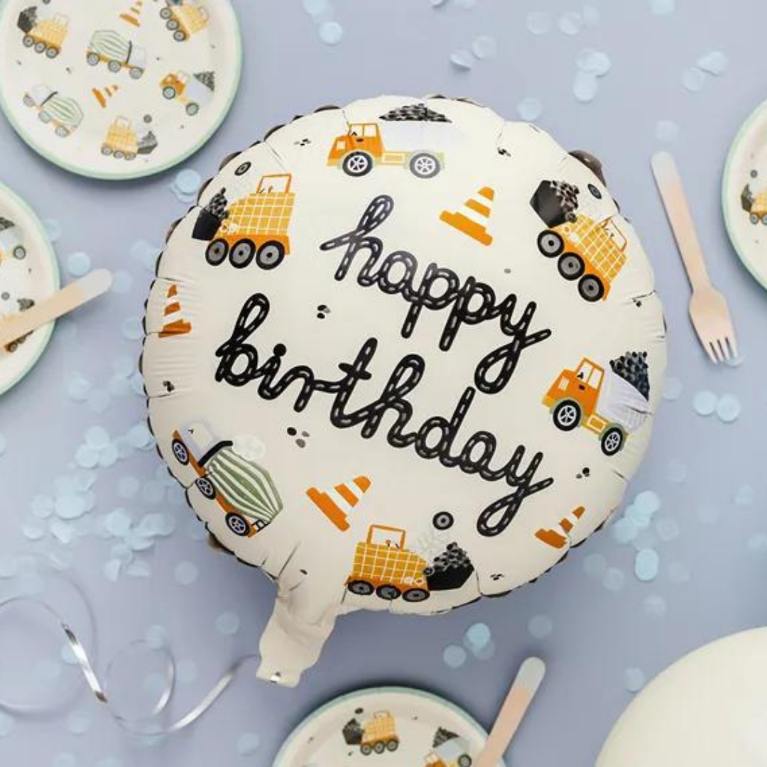 Construction Vehicles Round Foil Balloon - Happy Birthday (45 cm)