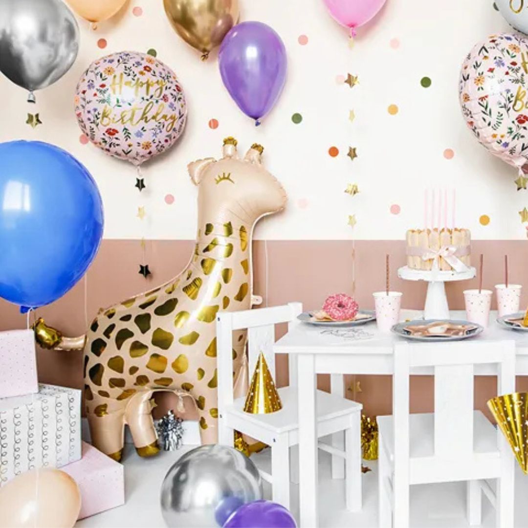 Globo de Aluminio Jirafa 100x120 cm – Crema con Dorado, Aire o Helio
