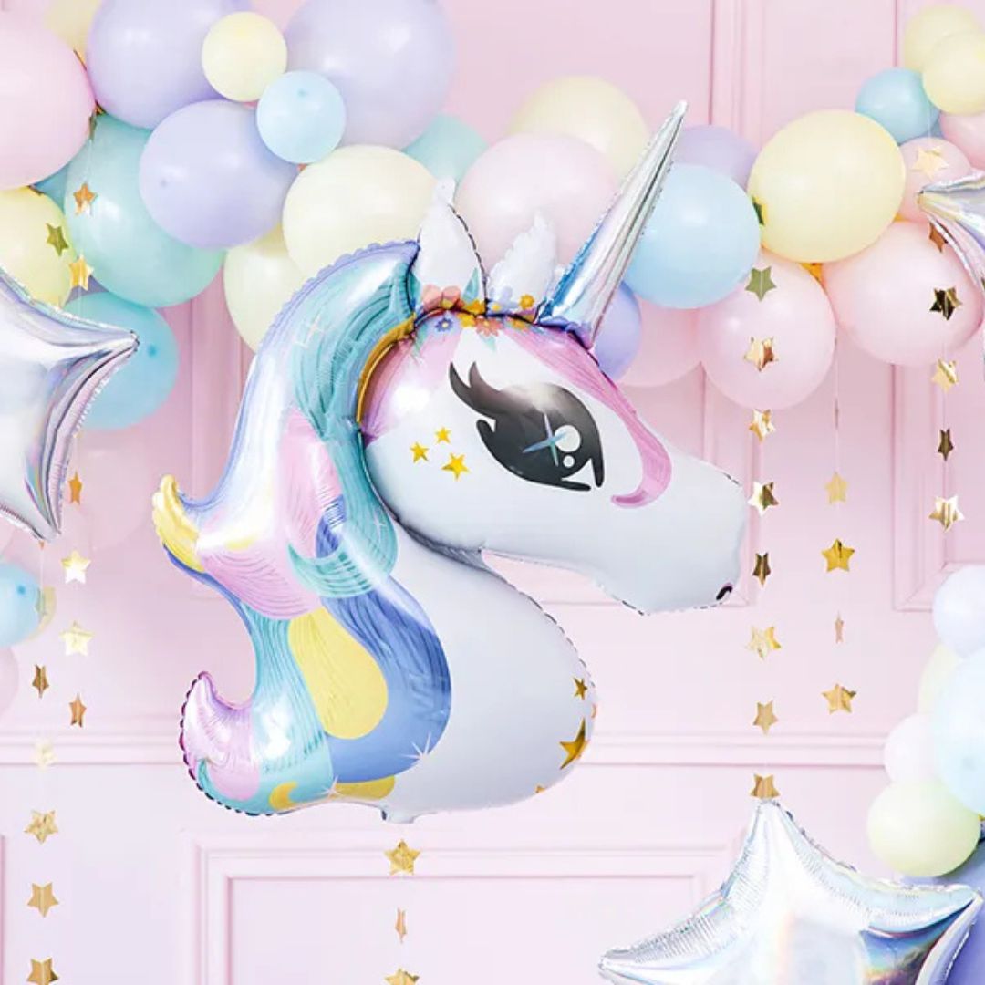 Globo de Aluminio Unicornio 73x90 cm – Blanco con Estampado Colorido