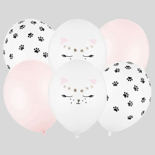 Globos Biodegradables 30 cm con Diseño de Gato - Pack de 6, Apto para Aire y Helio