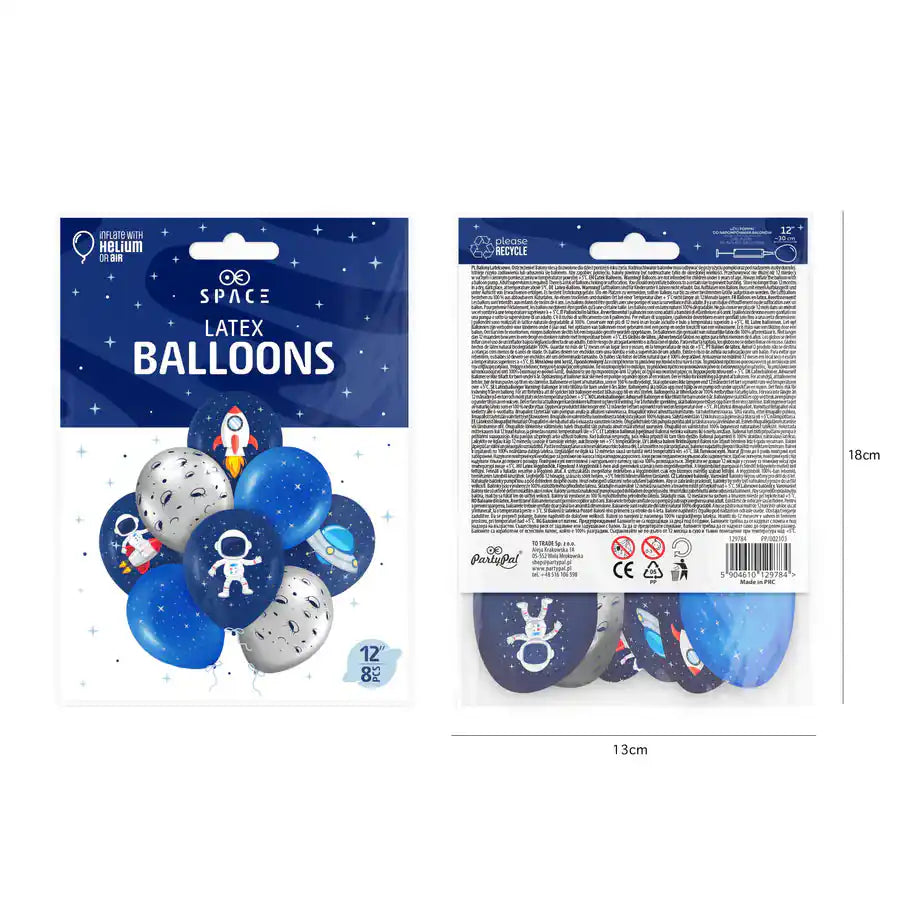 Globos Cosmos 30 cm – Pack x8 Azul y Plata con Estampados Espaciales