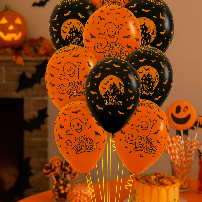 Detalle de globos negros para decoración de Halloween