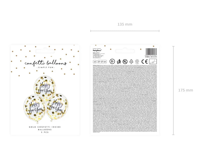 Happy New Year Confetti Balloons, 27 cm, Gold (Pack of 3)