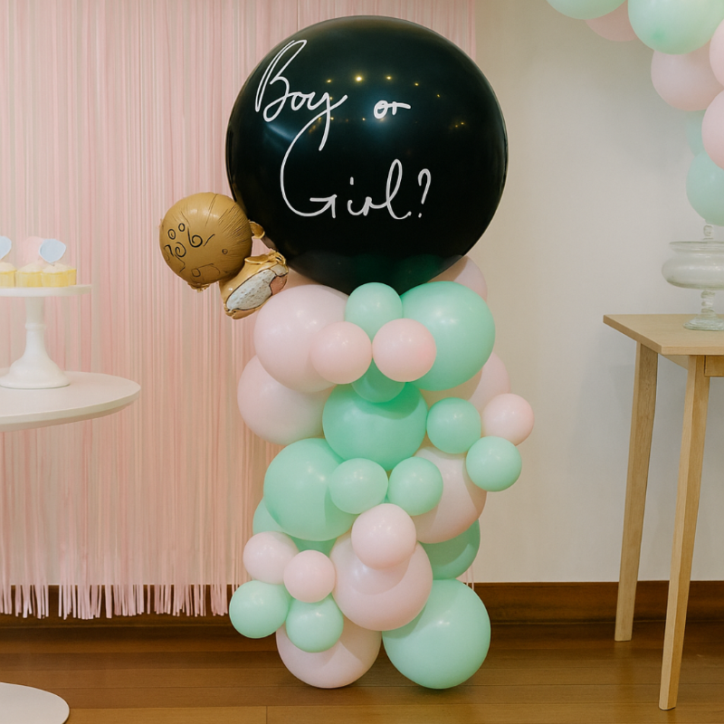 Mini columna de globos color blanco y mint mas globo de bebe y globo grande negro con la leyenda Boy or girl para revelar el sexo del bebe
