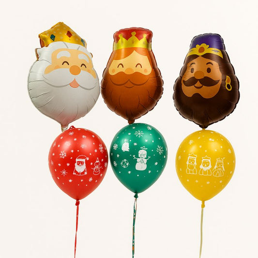 Globos navideños biodegradables rojos, verdes y dorados