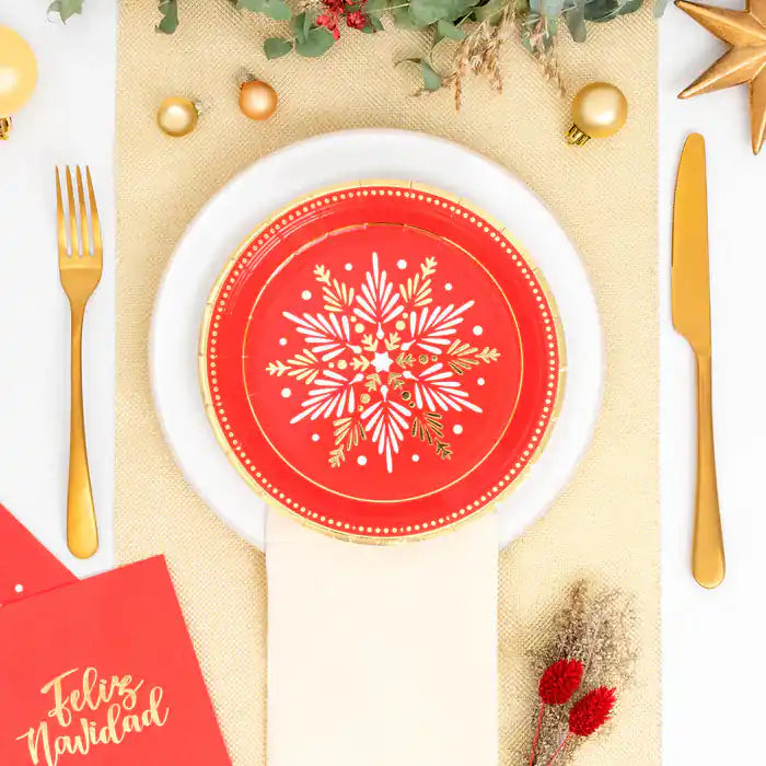 Plato Cartón Llano Postre Navidad Copo de Nieve Rojo - Narosa Sweet Party Barcelona