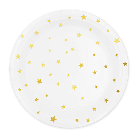 Platos blancos con estrellas doradas para decoración festiva