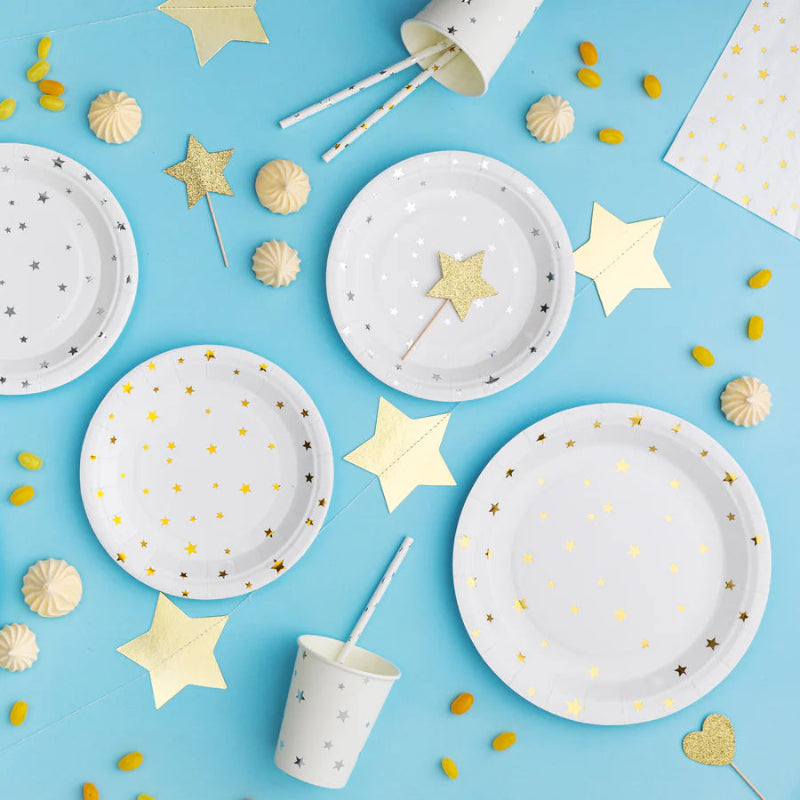 Set de platos de papel de 18 cm con diseño dorado