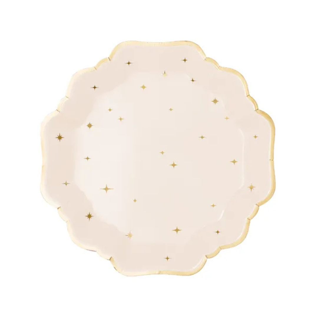 Platos de Papel Estrellas 21 cm - Beige con Dorado, Pack de 6