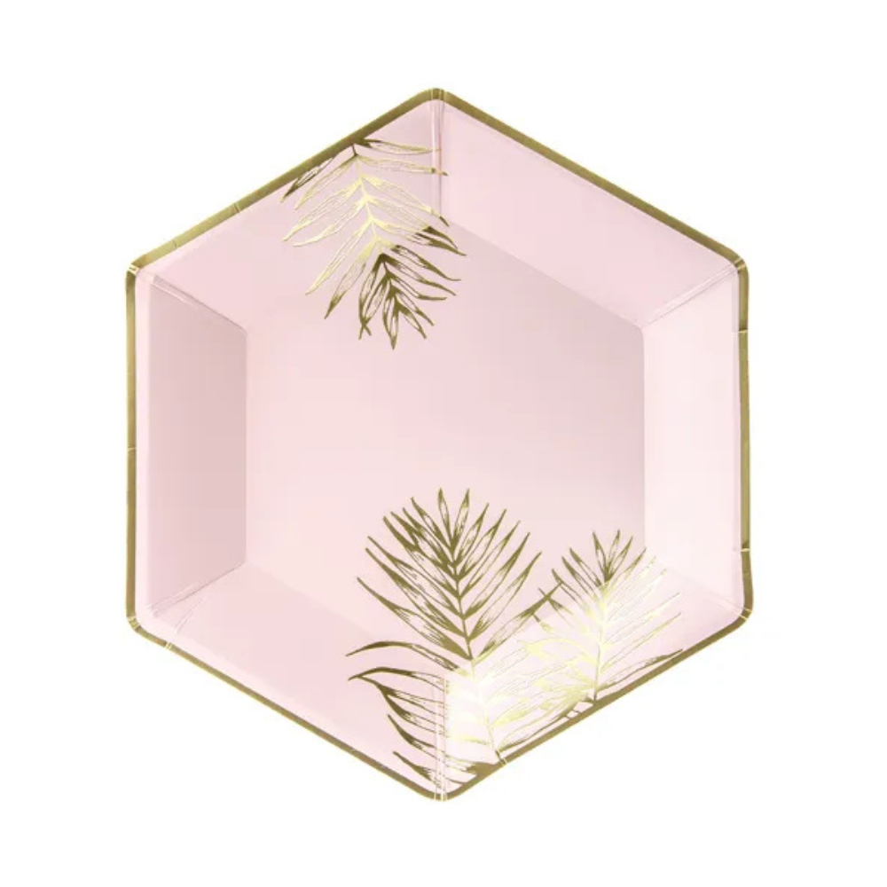 Platos de Papel Rosa Claro con Diseño de Hojas Doradas 23 cm - Pack de 6