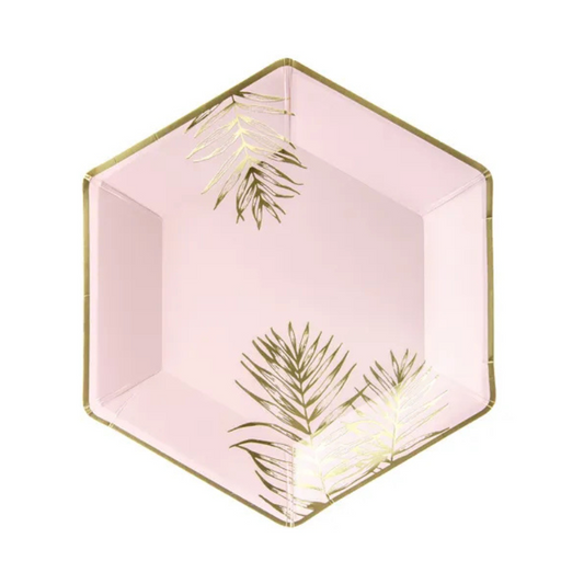 Platos de Papel Rosa Claro con Diseño de Hojas Doradas 23 cm - Pack de 6