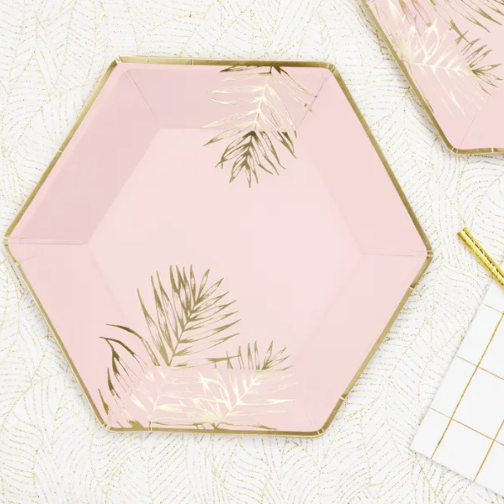 Platos de Papel Rosa Claro con Diseño de Hojas Doradas 23 cm - Pack de 6