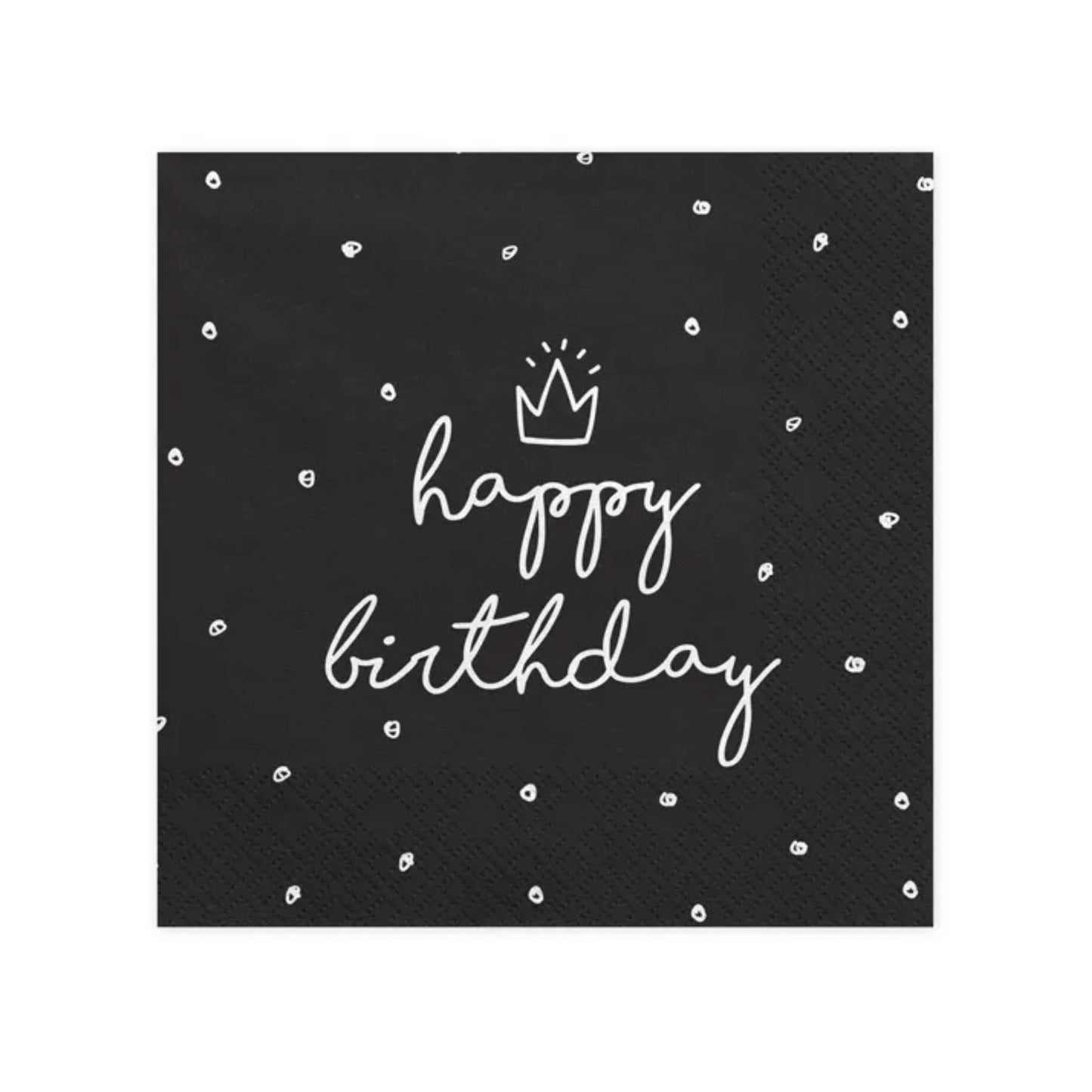 Tovallons "Happy Birthday" 33x33 cm - Negres amb Estampat Blanc (20 u.)