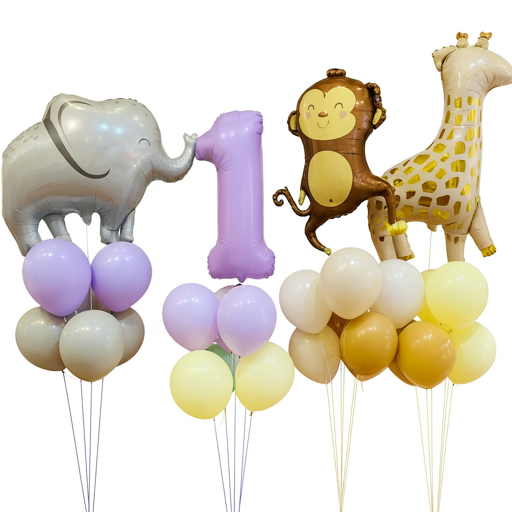 Jungle Animal Helium Balloon Bouquet Set – 1st Birthday