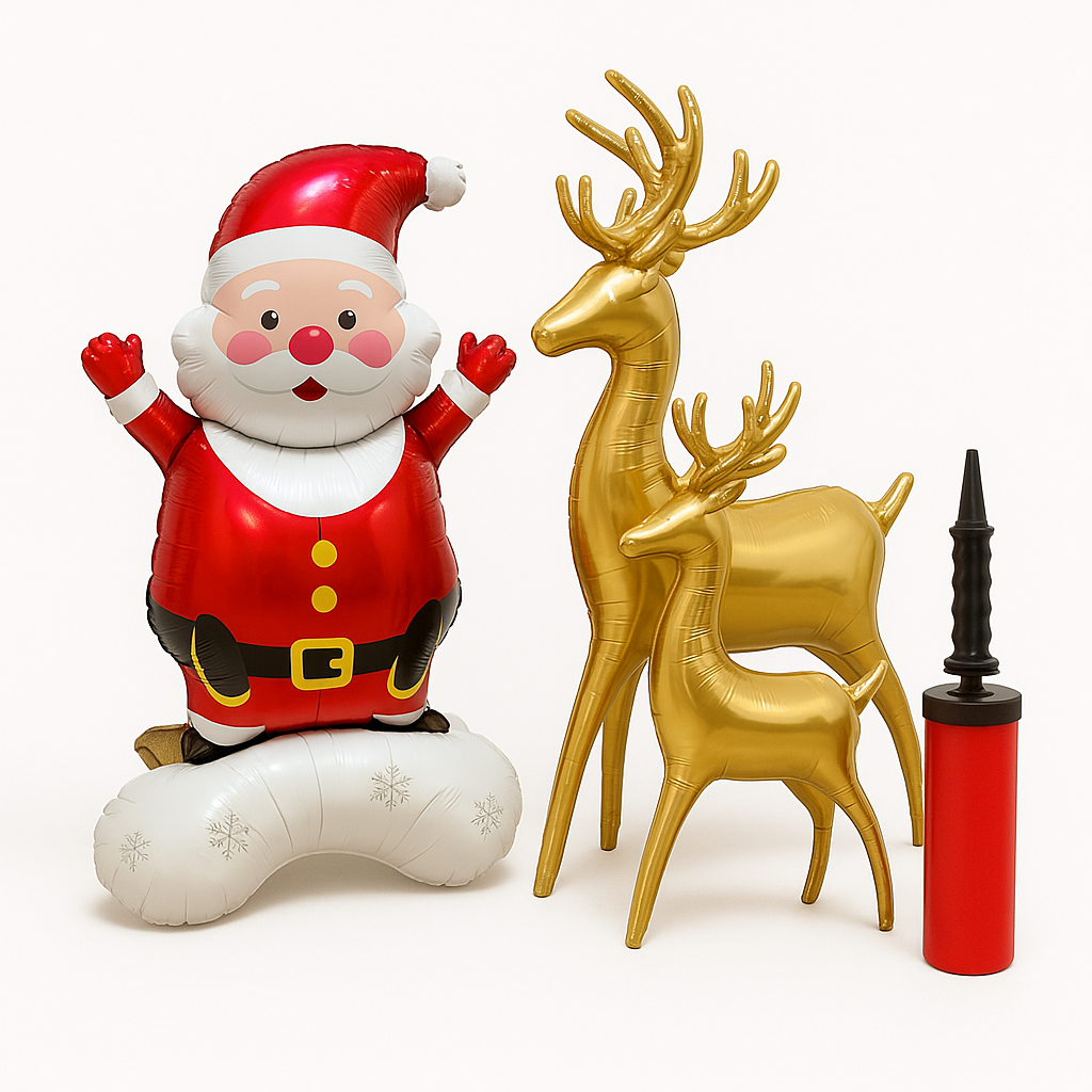 Set de Globos de Pie de Navidad: Papá Noel y Reno Dorado