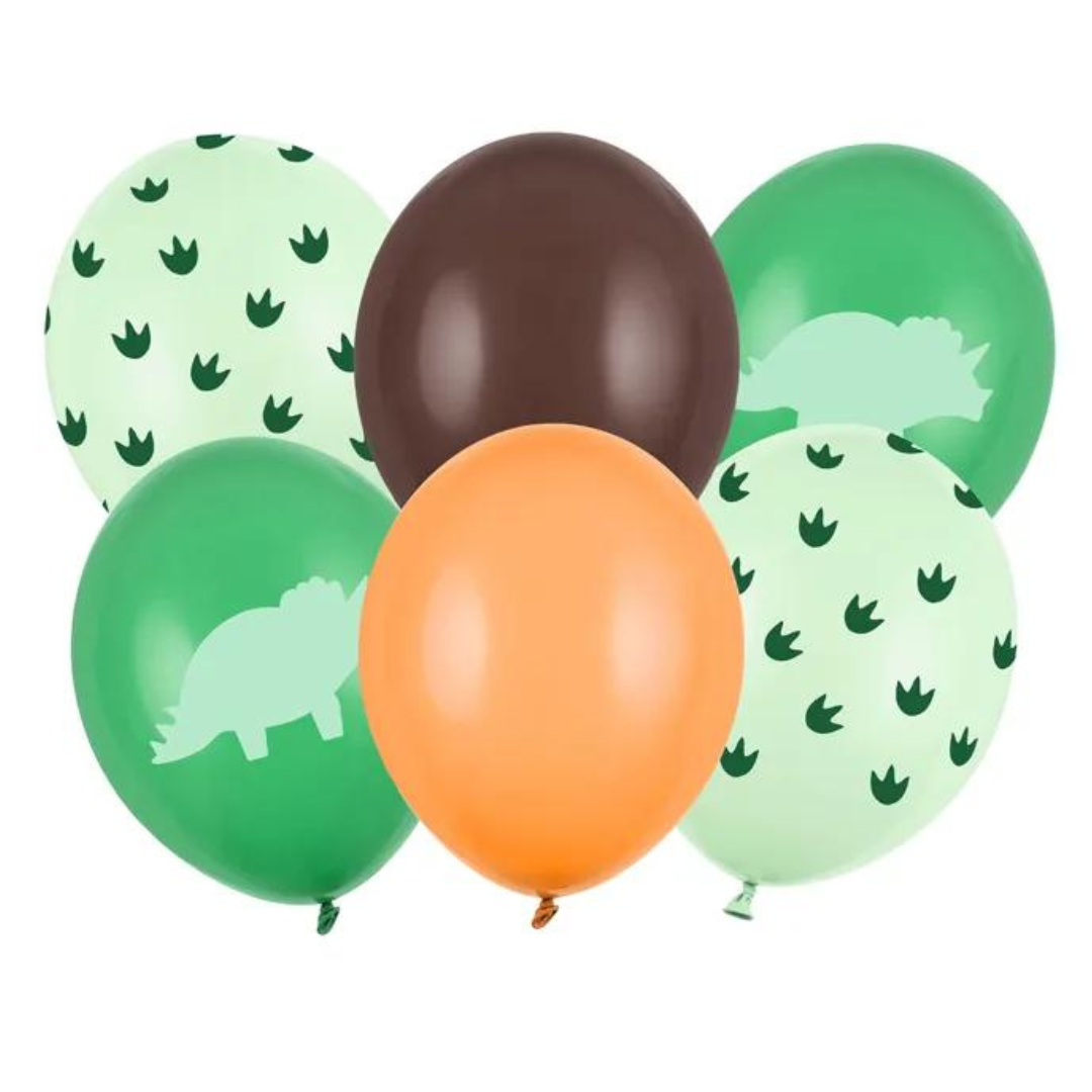 Set de globos de dinosaurio en colores pastel con estampados, 6 unidades.