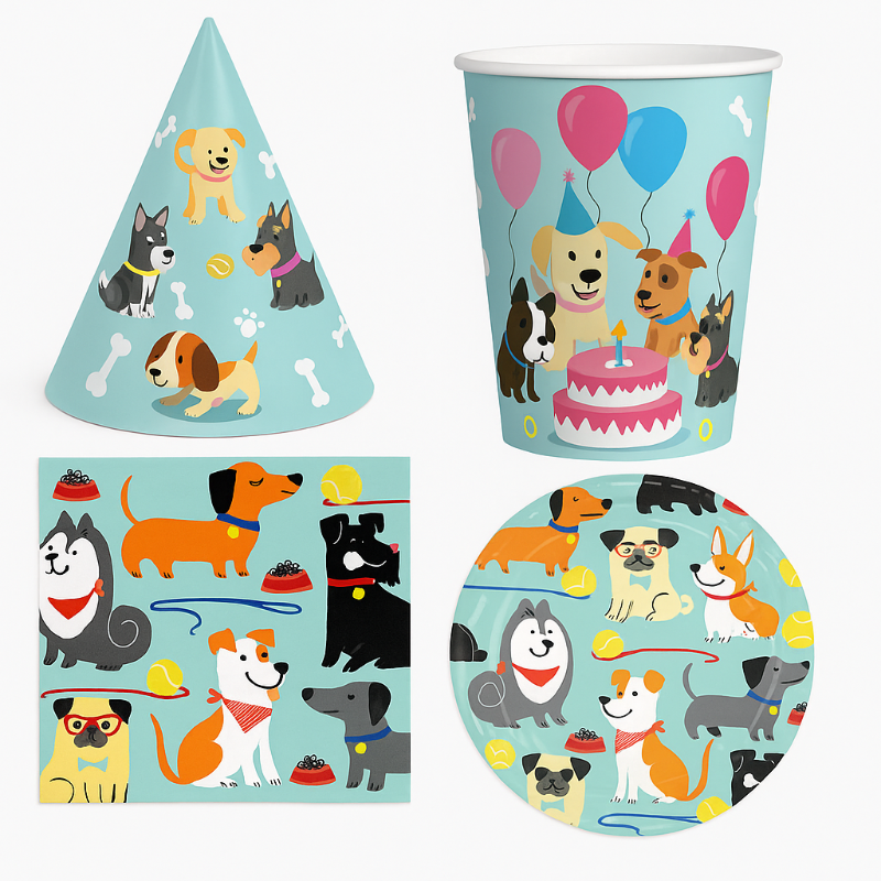 Gorro de papel temático perritos Dog Party para cumpleaños