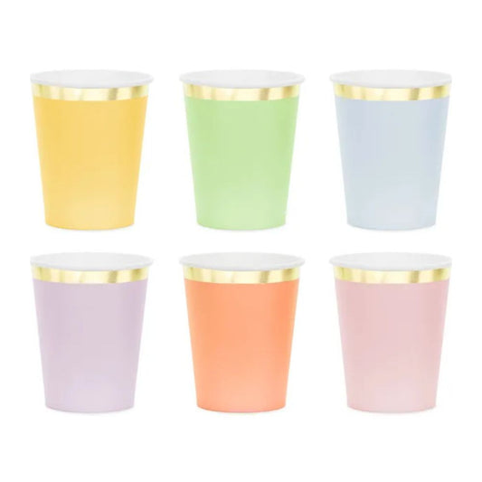 Vasos de Papel Pastel con Borde Dorado 220 ml - Pack de 6