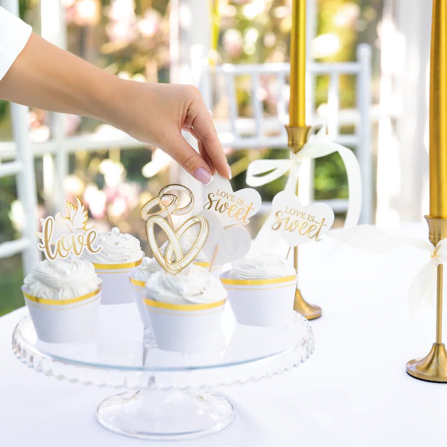 Adornos Blancos y Dorados para Boda – Pack x12 – Decoración de Cupcakes o Tartas - NAROSA SWEET PARTY