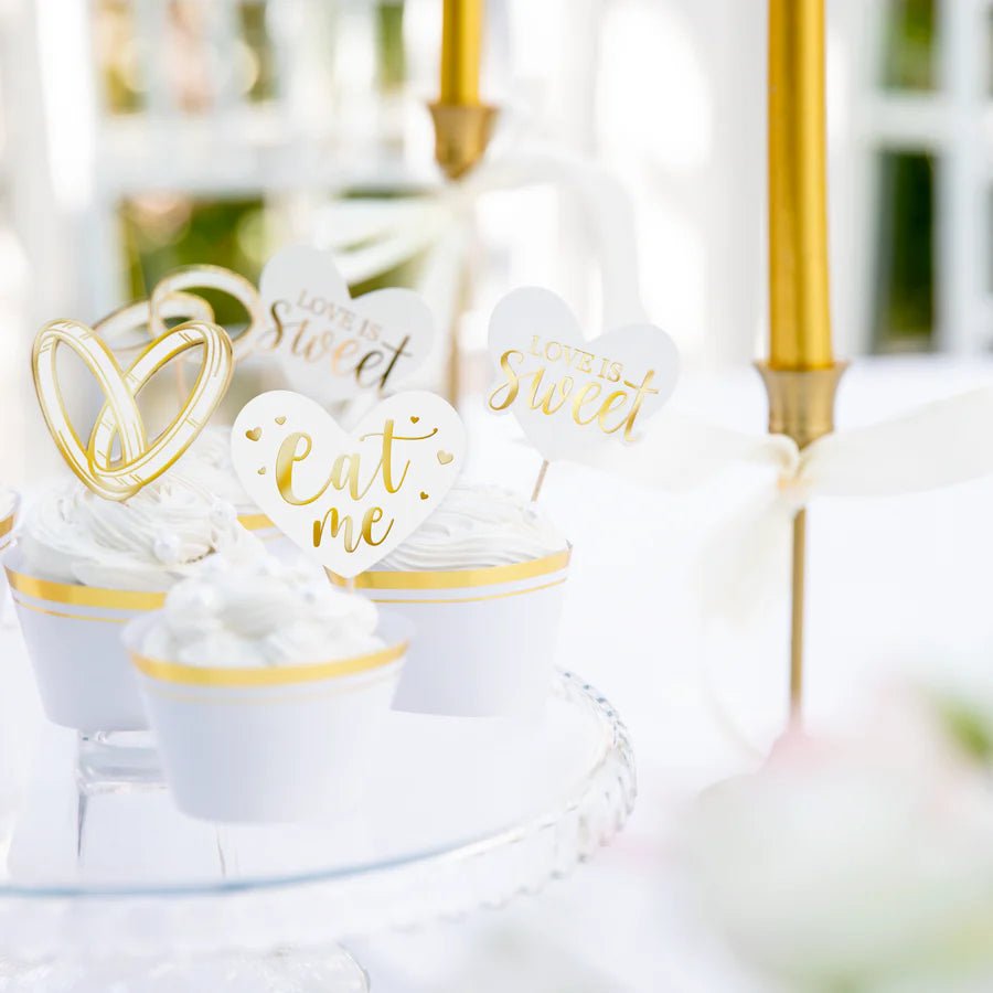 Adornos Blancos y Dorados para Boda – Pack x12 – Decoración de Cupcakes o Tartas - NAROSA SWEET PARTY