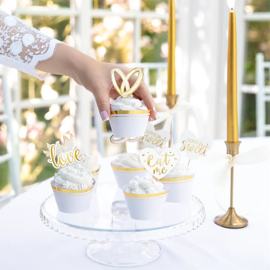 Adornos Blancos y Dorados para Boda – Pack x12 – Decoración de Cupcakes o Tartas - NAROSA SWEET PARTY