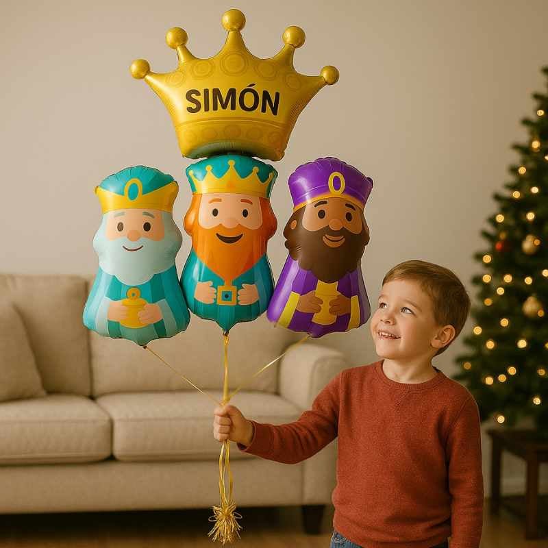 Bouquet 3 Reyes Magos con Corona Personalizada | Globos con Helio - NAROSA SWEET PARTY