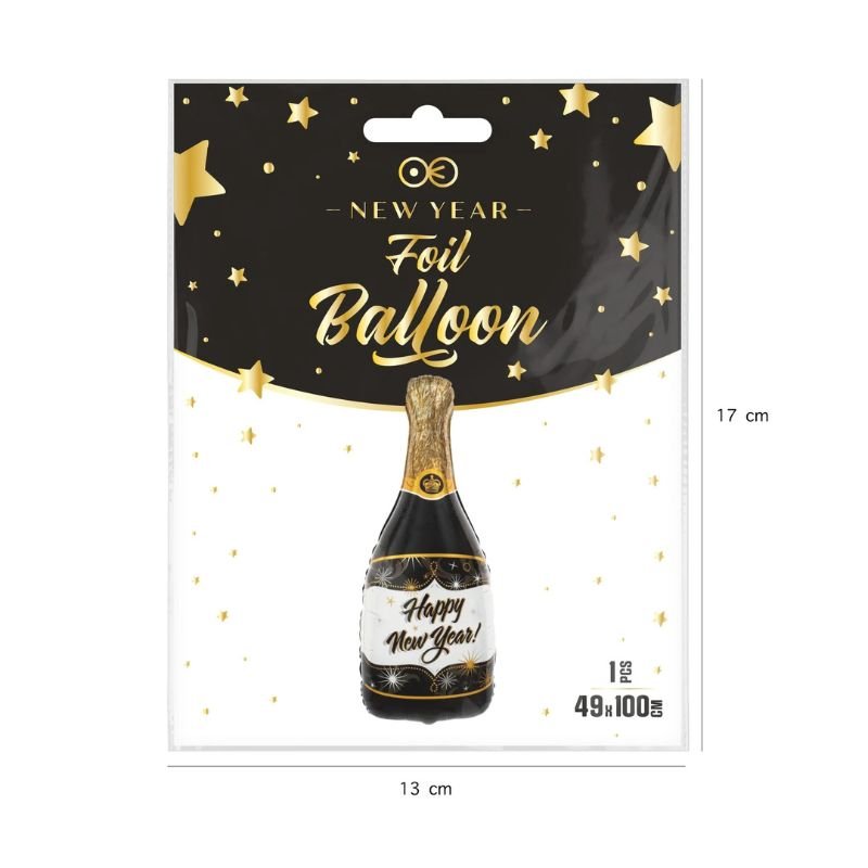 Globo Foil Champán Feliz Año Nuevo Negro 49 x 100 cm - NAROSA SWEET PARTY