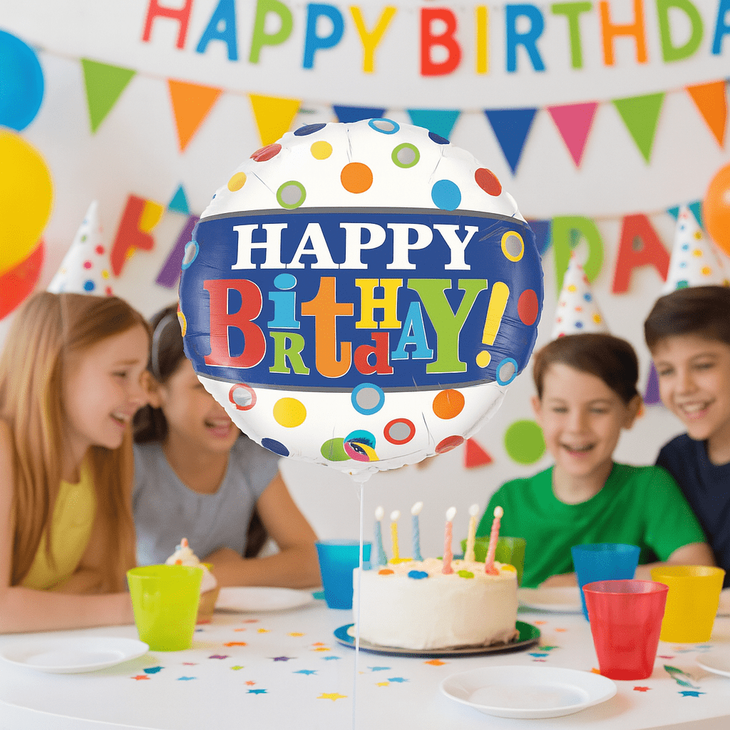 Globo Foil Cumpleaños Blanco con Banda Azul y Lunares – 45 cm - NAROSA SWEET PARTY