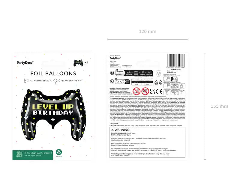 Globo Aluminio Gamepad "Level Up Birthday" Negro 60x45 cm | Apto Aire y Helio - Narosa Sweet Party Barcelona