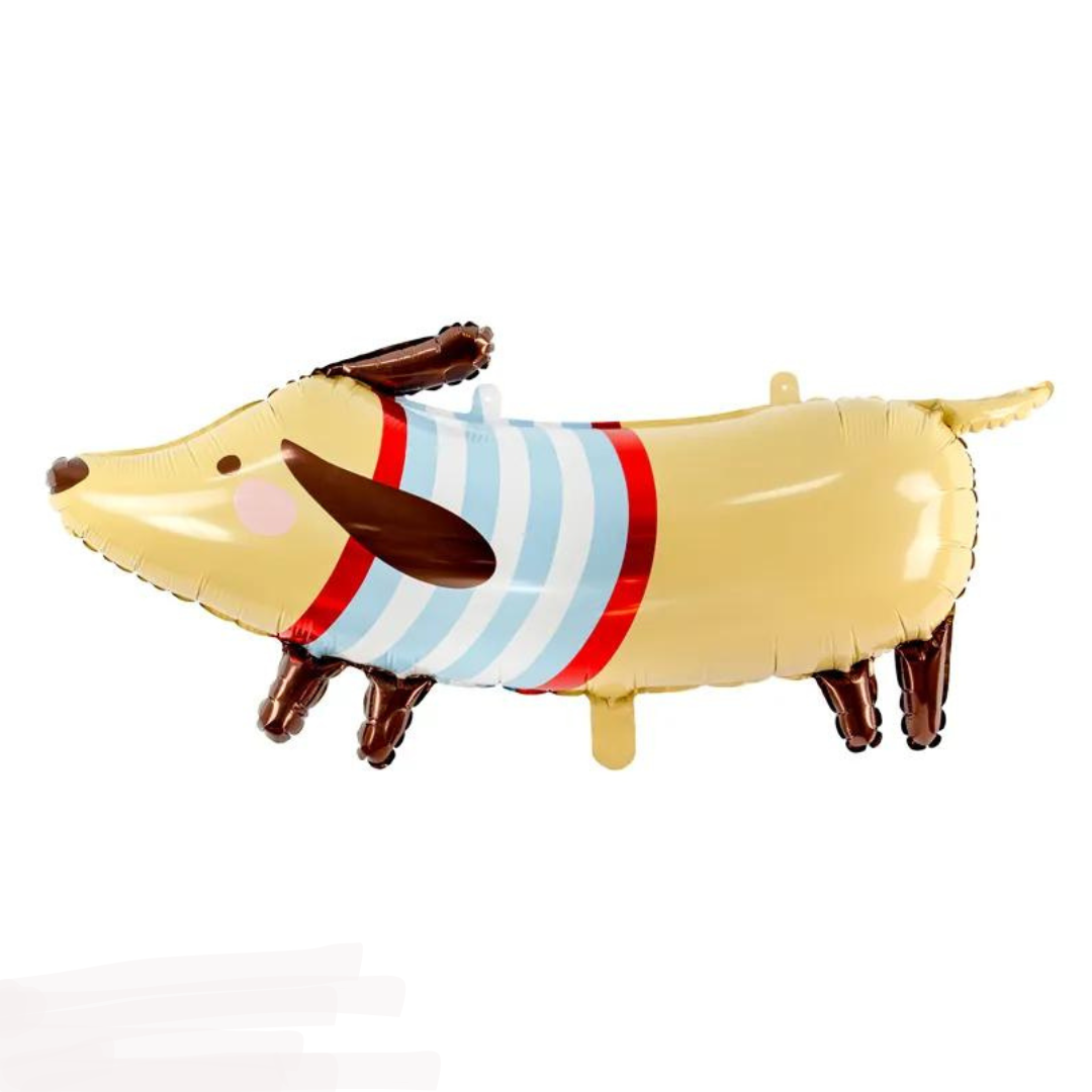 Globo de aluminio con forma de perro salchicha, colores variados.