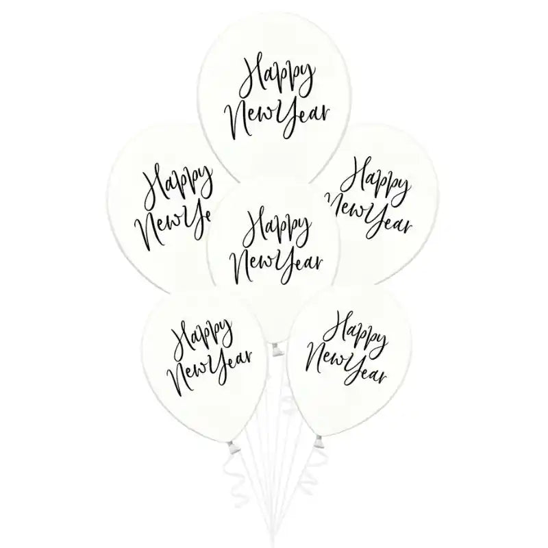 Globos Transparentes con Estampado Negro Happy New Year (6 uds) - Narosa Sweet Party Barcelona