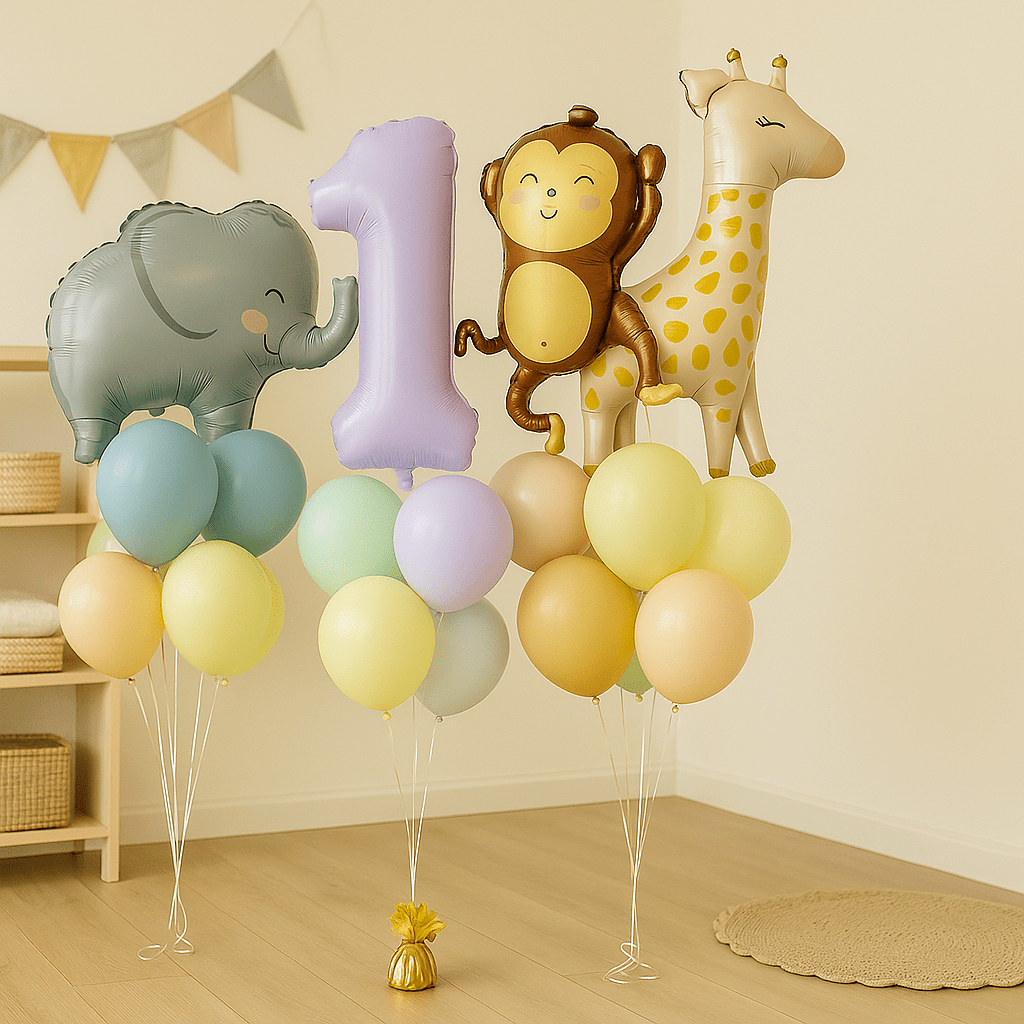 Set Bouquet de Globos con Helio de Animales de la Selva – Cumpleaños 1 Año - NAROSA SWEET PARTY