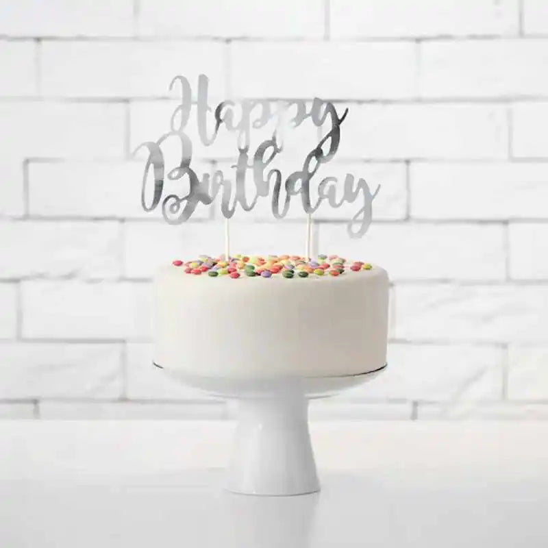 Topper “Happy Birthday” plateado espejo 22,5 cm - Narosa Sweet Party Barcelona